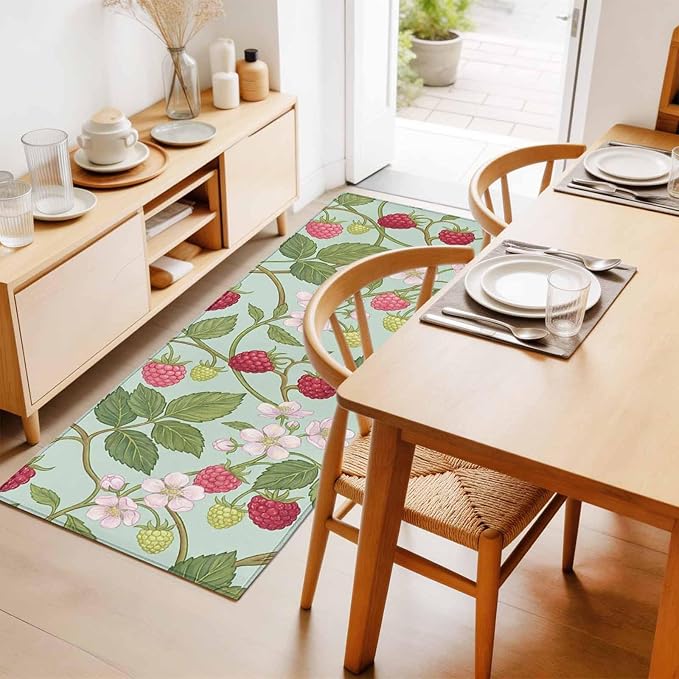 Runner Rug for Bedroom Hallway, Farmhouse Berry Red Pink Blossoms Flower Kitchen Runner Rugs Area Rug 2x6ft, Green Leaves Washable Soft Floor Carpet for Entryway Stair