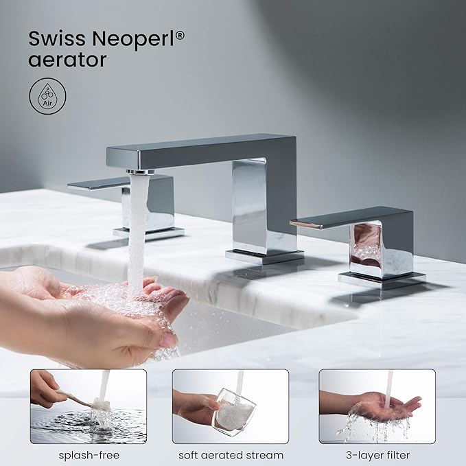 KIBI 2-Handle Cube Bathroom Sink Faucet with Drain Assembly | 3-Hole Installation, Solid Brass Construction | 8-Inch Wide Spread Lavatory Faucet | Chrome Finish, KBF1024