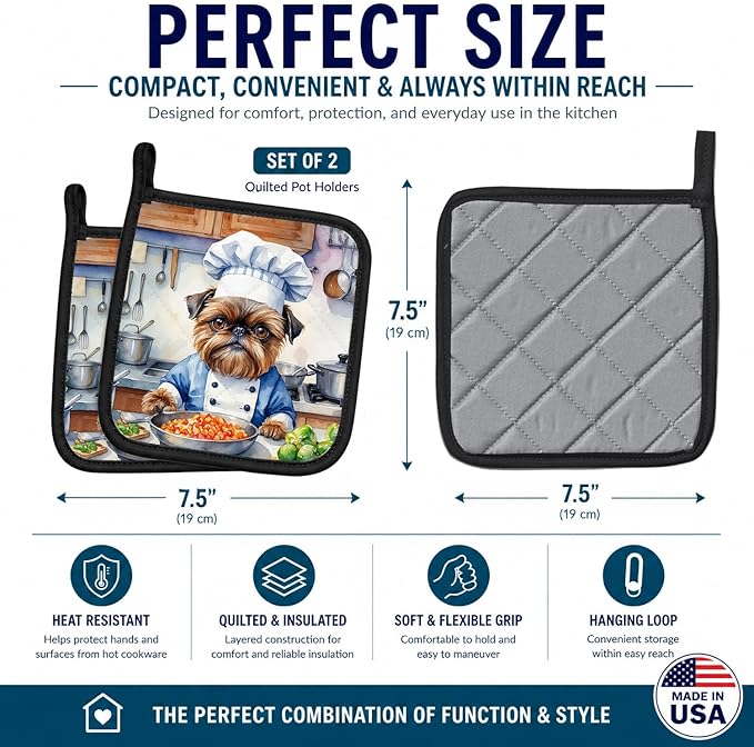 Caroline's Treasures Brussels Griffon The Chef Pair of Pot Holders Kitchen Heat Resistant Pot Holders Sets Oven Hot Pads for Cooking Baking BBQ, 7 1/2 x 7 1/2