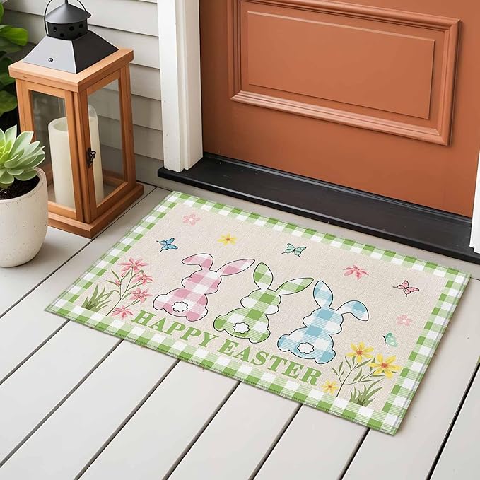 Area Rug 2x3ft, Happy Easter Bunny Shadow Flowers Washable Rugs for Living Room Bedroom, Retro Linen Cotton and Grid Soft Non-Slip Area Rugs Rectangle Floor Carpet for Dining Room