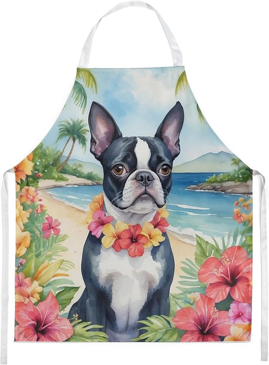 Caroline's Treasures Boston Terrier Luau Apron Cooking Kitchen Server Baking Crafts Gardening for Adult Women Men, Unisex, Large, Multicolor