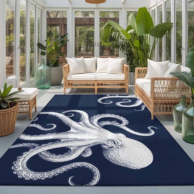 Area Rug 3x5ft, Underwater Ocean Giant Octopus Washable Rugs for Living Room Bedroom, Navy Blue White Marine Life Soft Non-Slip Area Rugs Rectangle Floor Carpet for Dining Room