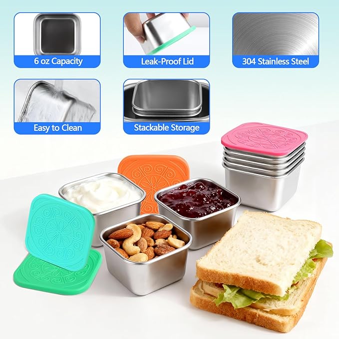 8 Pack Stainless Steel Snack Containers - 6oz Reusable & Small Containers With Lids, 304 Metal Stackable Snack Cups, Lunchable Snack Containers for School, Travel, Picnic