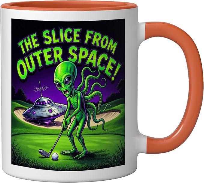 Funny Golfing Alien The Slice From Outer Space Retro UFO Ceramic Mug, Orange/White
