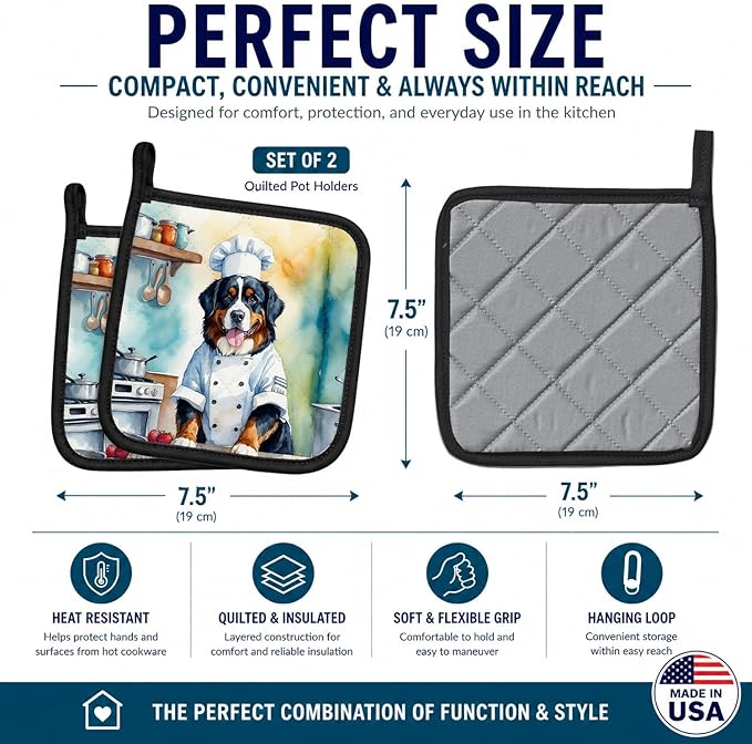 Caroline's Treasures Bernese Mountain Dog The Chef Pair of Pot Holders Kitchen Heat Resistant Pot Holders Sets Oven Hot Pads for Cooking Baking BBQ, 7 1/2 x 7 1/2