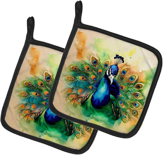 Caroline's Treasures Peacock Pair of Pot Holders Kitchen Heat Resistant Pot Holders Sets Oven Hot Pads for Cooking Baking BBQ, 7 1/2 x 7 1/2