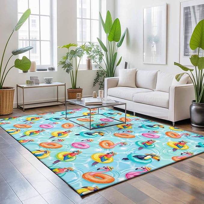 Area Rug 3x5ft, Summer Pool Float Swim Rings Washable Rugs for Living Room Bedroom, Tropical Flamingo Birds Soft Non-Slip Area Rugs Rectangle Floor Carpet for Dining Room