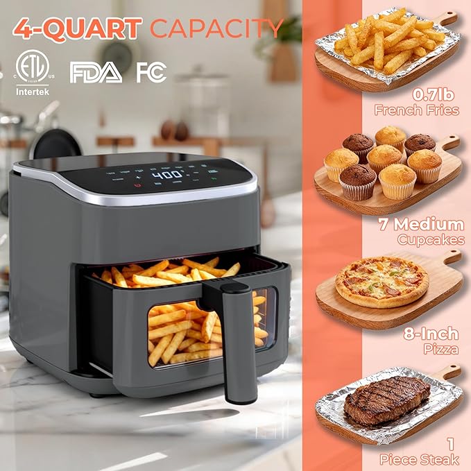NEWBULIG Air Fryer，4QT Small AirFryer with Easy View Window and Interior Light, Digital Touchscreen with 8 Presets for Custom Cooking, Nonstick and Dishwasher Safe Basket, Grey