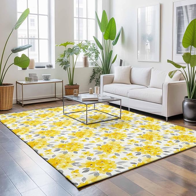 Area Rug 8x10ft, Summer Pastoral Yellow Flower Washable Rugs for Living Room Bedroom, Country Floral Leaf Theme Soft Non-Slip Area Rugs Rectangle Floor Carpet for Dining Room