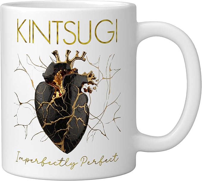 Kintsugi Pottery Golden Heart Japanese Art repair Pottery Ceramic Mug, White
