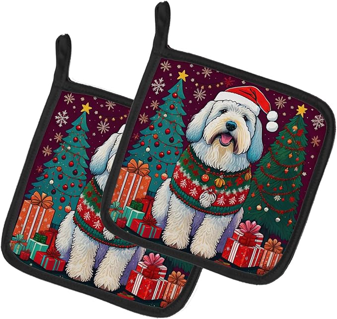 Caroline's Treasures Old English Sheepdog Christmas Pair of Pot Holders Kitchen Heat Resistant Pot Holders Sets Oven Hot Pads for Cooking Baking BBQ, 7 1/2 x 7 1/2
