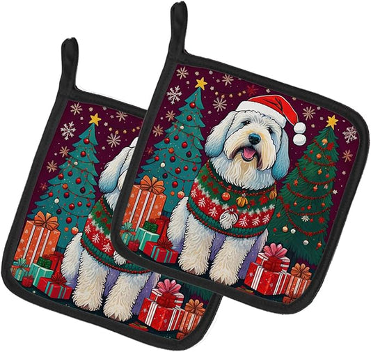 Caroline's Treasures Old English Sheepdog Christmas Pair of Pot Holders Kitchen Heat Resistant Pot Holders Sets Oven Hot Pads for Cooking Baking BBQ, 7 1/2 x 7 1/2