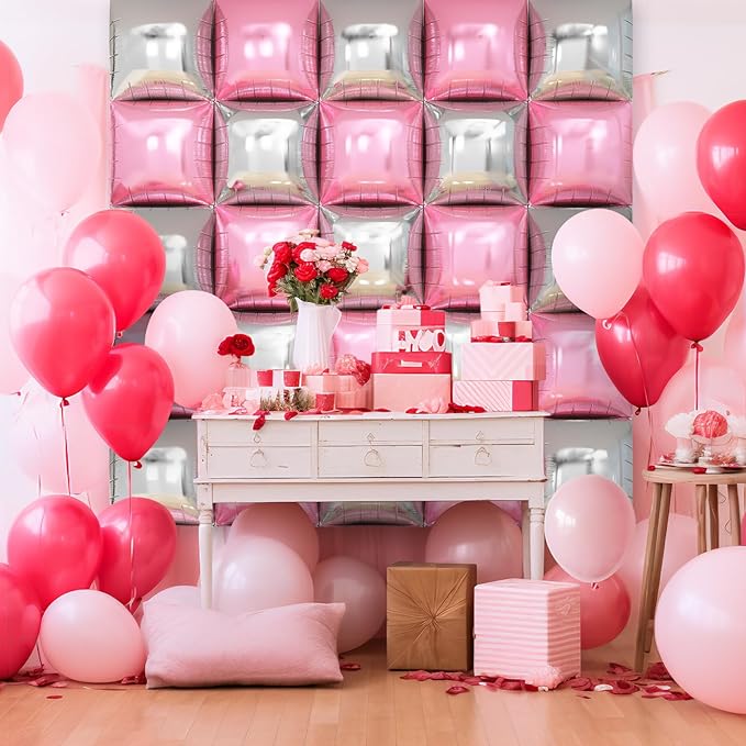 Pink Silver Square Foil Balloon Wall,25Pcs Double Sided Balloons Backdrop Helium Balloon Tunnel Arch Garland Kit for Christmas Birthday Bridal Anniversary Baby Shower Party Decorations
