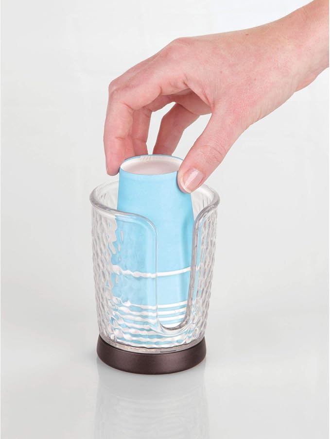 iDesign Rain Disposable Paper and Plastic Cup Dispenser Holder for Master, Guest, Kids' Bathroom Vanity and Countertops, 3.10" x 3.10" x 4", Clear and Bronze