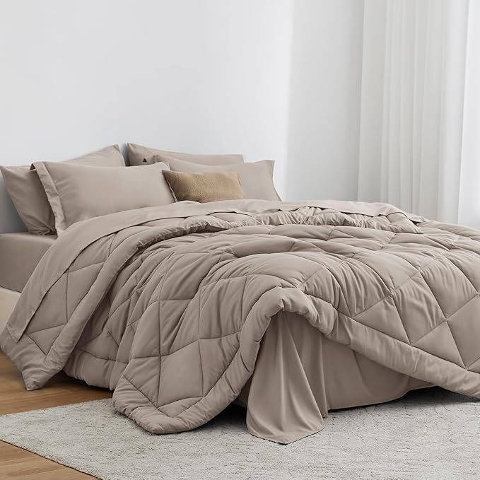 Love's cabin Queen Comforter Set Burlwood, 7 Pieces Queen Bed in a Bag, All Season Queen Bedding Sets with 1 Comforter, 1 Flat Sheet, 1 Fitted Sheet, 2 Pillowcase and 2 Pillow Sham | Soft, Breathable, Lightweight, Comfortable