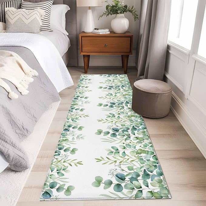 Sage Green Eucalyptus Leaves 2x6 Kitchen Runner Rug, Farmhouse Botanical Non-Skid Rubber Backing Large Rectangle Rugs - Living Room Bedroom Home Office, Country Indoor Floor Mat Carpets Washable Rug