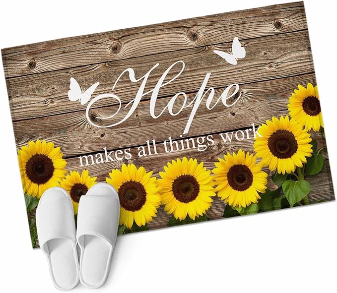 Area Rug 2x3ft, Farm Sunflower Positive Energy Quote Washable Rugs for Living Room Bedroom, Retro Dark Brown Wood Grain Soft Non-Slip Area Rugs Rectangle Floor Carpet for Dining Room