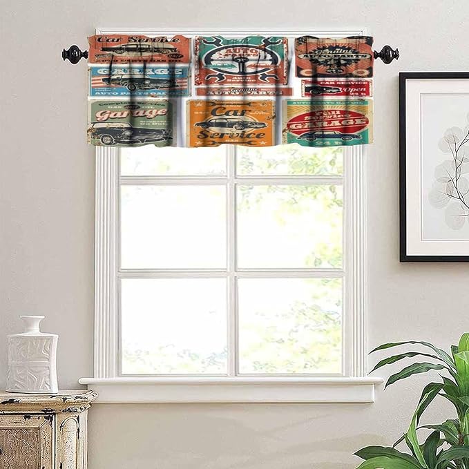 Retro 1950s Valances Curtains Vintage Car Signs Automobile Advertising Repair Vehicle Garage Servicing, Windows Short Curtain Valance for Kitchen Bedroom with Rod Pocket, One Panel 54X18 Inches