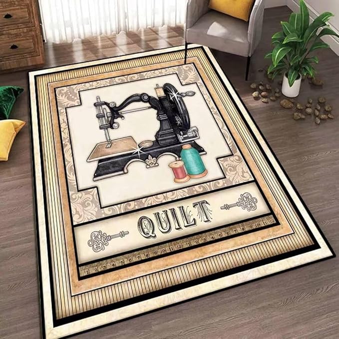 Sewing Tools Pattern Area Rug for Conference Room Non-Slip Fun Fashion Sewing Machine Themed Rugs Balcony Decor Low Pile Yellow White Striped Border Carpet 6'x9'