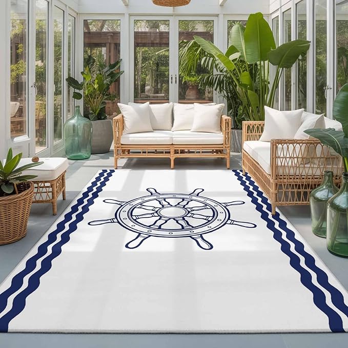 Area Rug 3x5ft, Summer Marine Nautical Ship Rudder Washable Rugs for Living Room Bedroom, Ocean Theme Navy Blue White Soft Non-Slip Area Rugs Rectangle Floor Carpet for Dining Room