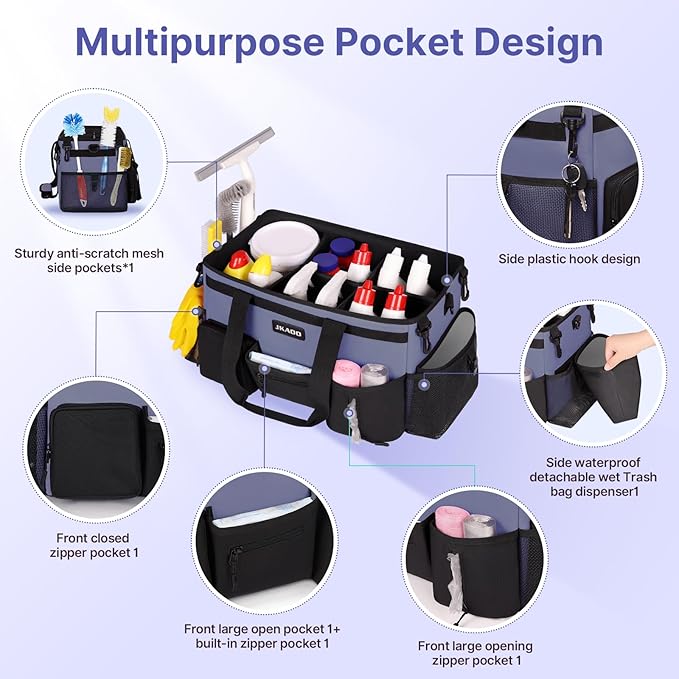 JKAOO Large Wearable Cleaning Caddy Bags,Cleaning Supplies Storage Bag with Handles and Adjustable Shoulder Strap and Removable Waist Straps,Waterproof Cleaning Bags for Home,Car,Office (Denim Blue)