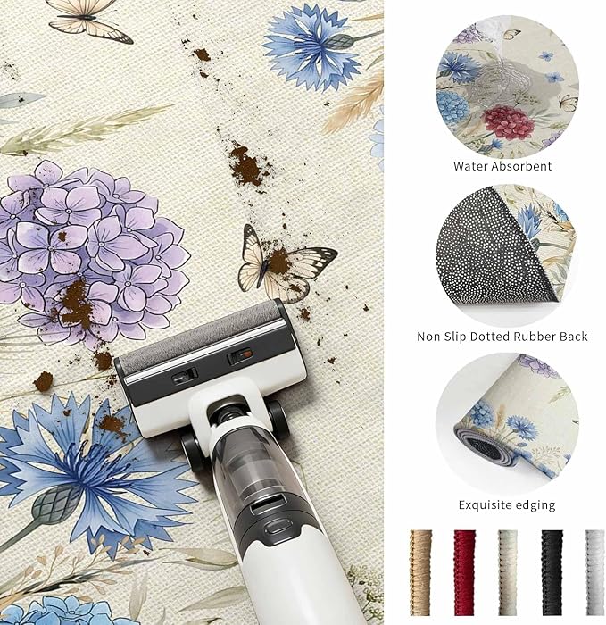 Area Rug 3x5ft, Spring Watercolor Garden Flower Washable Rugs for Living Room Bedroom, Hydrangea Floral on Burlap Soft Non-Slip Area Rugs Rectangle Floor Carpet for Dining Room