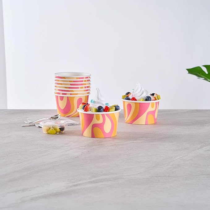 Coppetta 8 Ounce Dessert Cups, 200 Greaseproof Ice Cream Cups - Lids Sold Separately, For Hot And Cold Foods, Tropical Twist Paper Yogurt Bowls, Disposable, Sturdy - Restaurantware