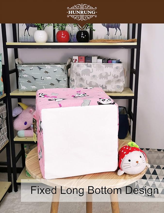 HUNRUNG Square Storage Bins Nursery Hamper Canvas Laundry Basket Foldable with Waterproof Nursery Boxes for Shelves/Gift Baskets/Toy Organizer/Office, Bedroom (Square-Pink-Book Panda)
