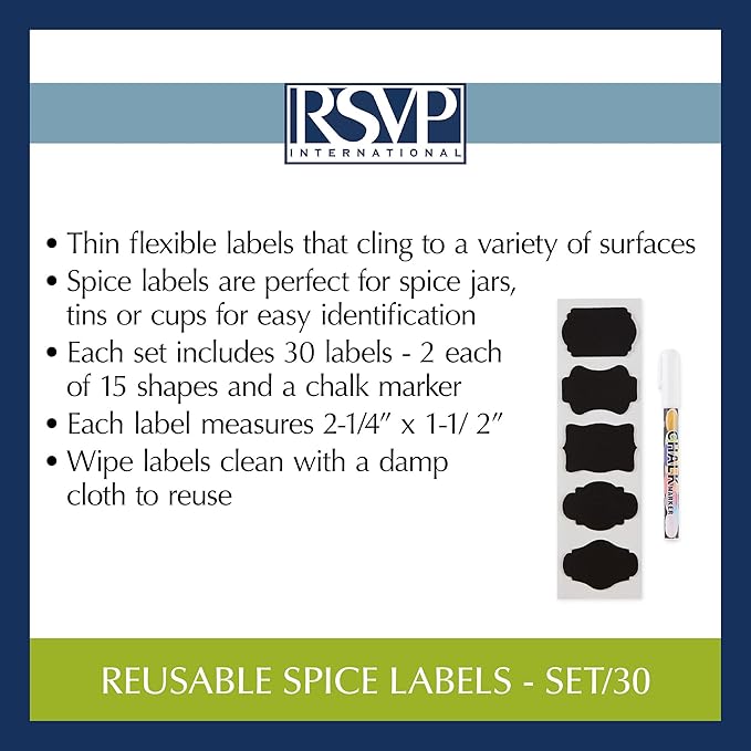 RSVP International Reusable Pantry/Spice Labels, Assorted Shapes, 30-Piece, Black