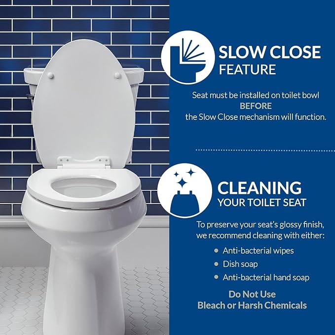 Mayfair Linden Slow Close Toilet Seat, Non Slip Heavy Duty Wood, Easy Install, Elongated, White