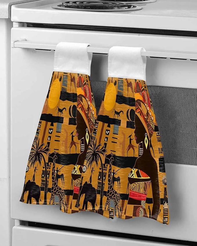 Alandar Home Kitchen Tie Towel Set of 2, Black Women Giraffe Elephant Tree Absorbent Soft Hand Towels for Bathroom Hanging Towels, African Animal Fast Drying Cleaning Cloth with Loop