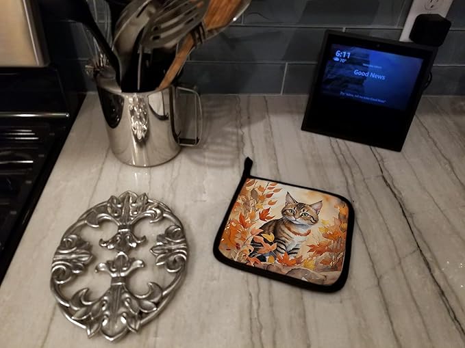 Caroline's Treasures Owyhee Bob Cat in Fall Leaves Pair of Pot Holders Kitchen Heat Resistant Pot Holders Sets Oven Hot Pads for Cooking Baking BBQ, 7 1/2 x 7 1/2