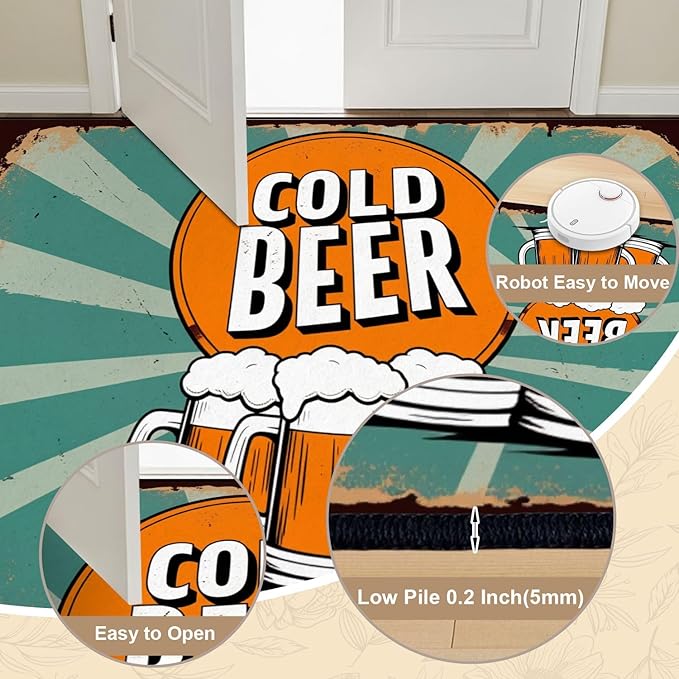 8x10 Area Rugs for Bedroom Boho Washable Man Cave Rug for Living Room Vintage Cold Beer Beer Mugs Retro Sunburst Soft Rubber Backed Non-Slip Large Carpets for Boys