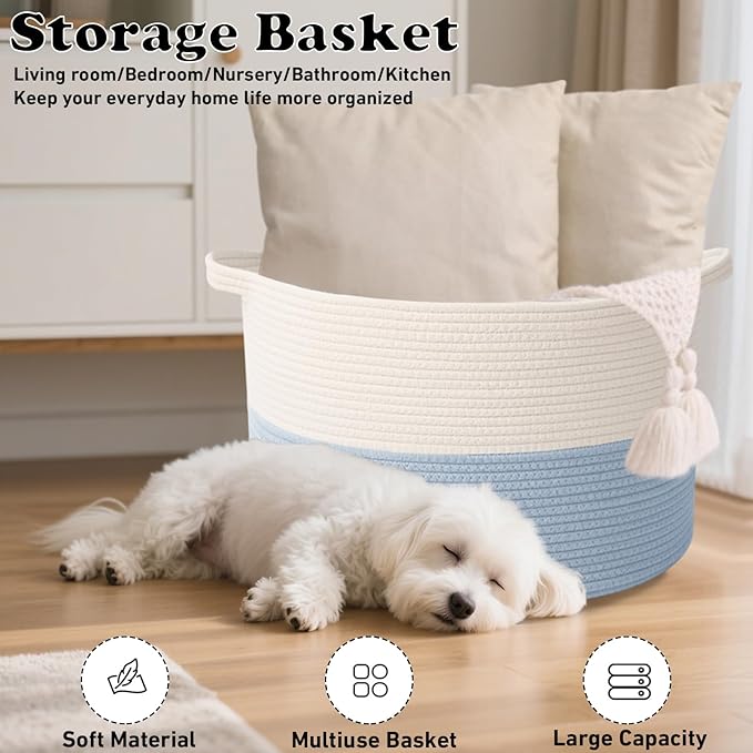 115L Extra Large Woven Cotton Rope Blanket Basket with Handles, Laundry Hamper Storage Bin for Pillows, Comforters,Clothes, Toys, Nursery, Bedroom and Living Room Organization,White&Blue