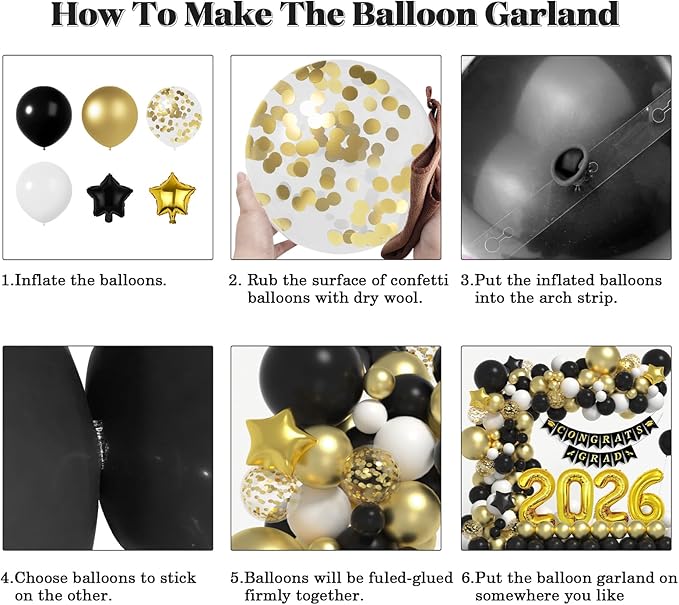 Graduation Decorations Class of 2026: Gold and Black Graduation Balloon Arch Garland Kit and Gold Confetti Balloons Congrats Grad Banner 2026 Foil Balloon Decorations For Grad Party