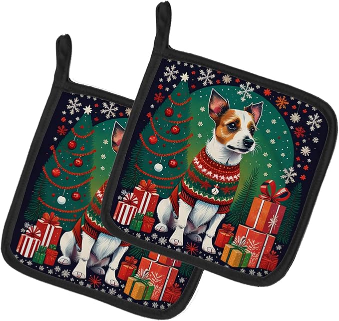 Caroline's Treasures Jack Russell Terrier Christmas Pair of Pot Holders Kitchen Heat Resistant Pot Holders Sets Oven Hot Pads for Cooking Baking BBQ, 7 1/2 x 7 1/2