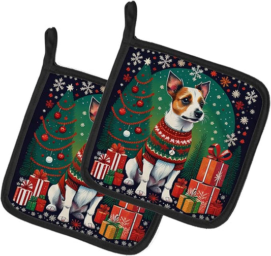 Caroline's Treasures Jack Russell Terrier Christmas Pair of Pot Holders Kitchen Heat Resistant Pot Holders Sets Oven Hot Pads for Cooking Baking BBQ, 7 1/2 x 7 1/2