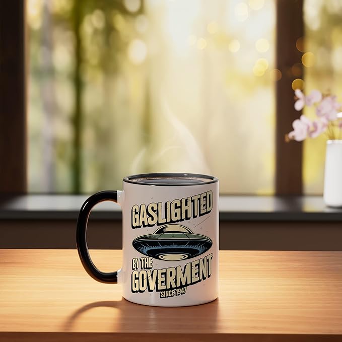 UFO Since 1947 Gaslighted by the Government Ceramic Mug, Black/White