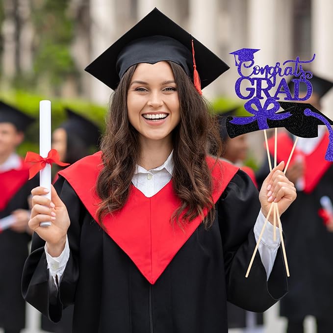 Graduation Decorations 2026, 16 PCS Gold and Blue Double Sided Graduation Centerpieces Sticks Glitter for Tables, Table Toppers Set for Class of 2026 Congrats Grad Party Supplies (Blue)