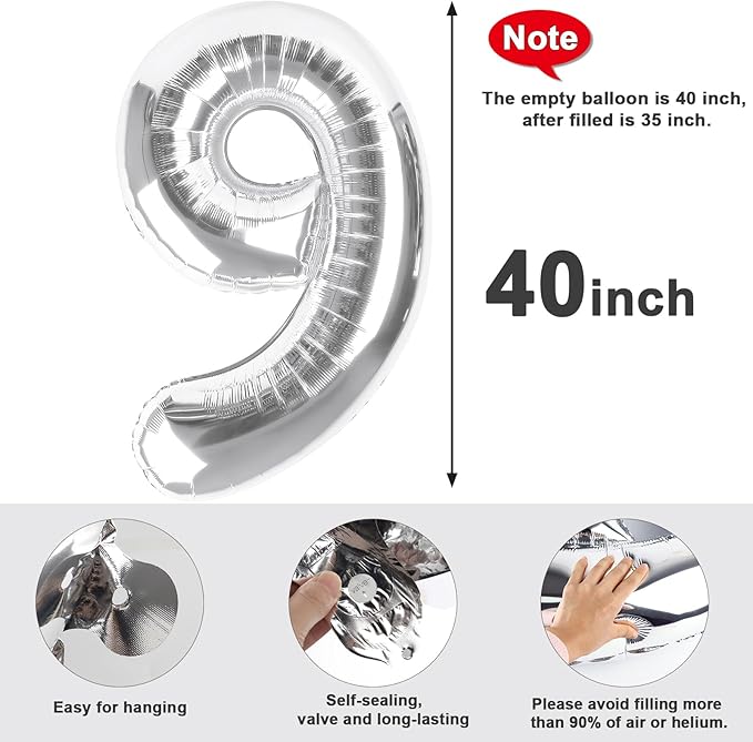Numbers 9 Balloons Silver Party Decorations for Women Men, 40 In Big Balloons for Engagement, Wedding, Celebration Party, Graduations, Photo Shoot