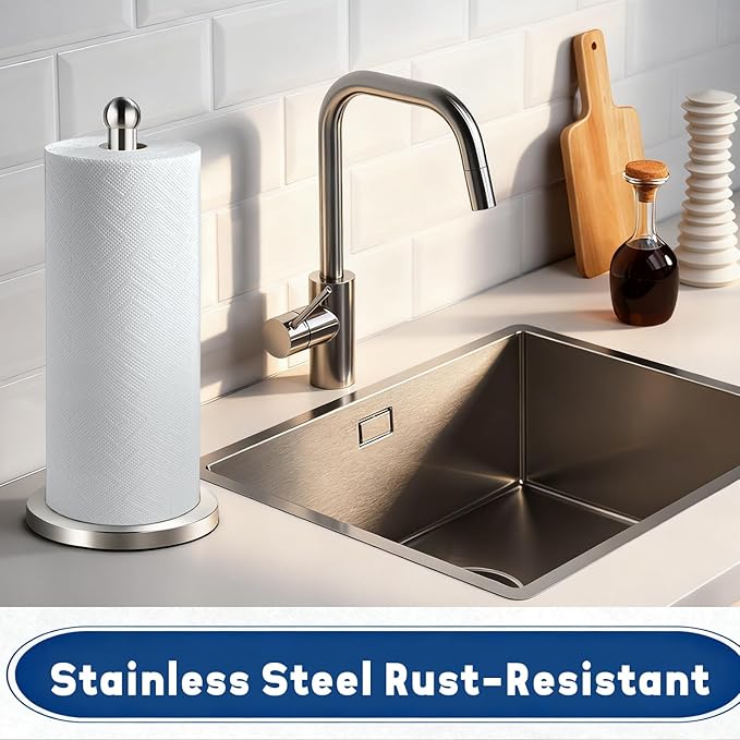 DAWNER Paper Towel Holder Freestanding, Weighted Base with Suction Cups, Easy One-Handed Tear Stainless Steel Brushed Nickel Paper Towel Stand for Kitchen Bathroom Countertop