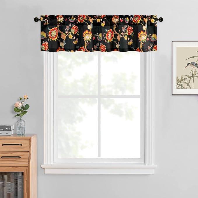 Leeva Botanical Valance Curtain for Windows - Light Filtering Linen Textured Drapery with Rod Pocket, Farmhouse & Modern Bedroom/Kitchen Decor, 52" W x 12" L, 1 Panel