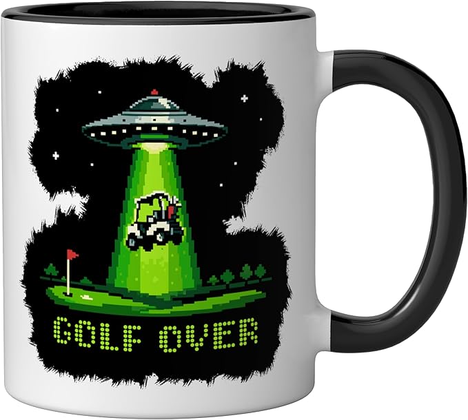 GOLF OVER Retro Funny Pixel Art UFO Abducting Golf-Cart Ceramic Mug, Black/White