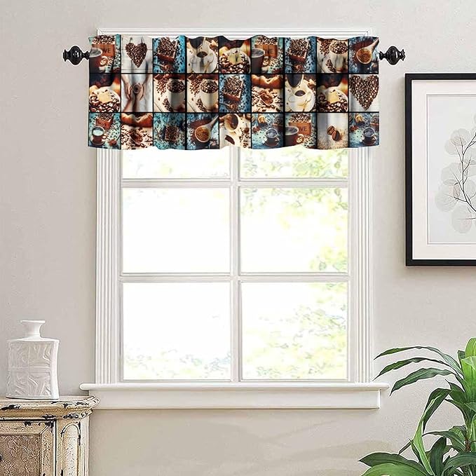 Coffee Curatin Valance, Rustic Beans Cups Coffee Lover Short Window Treatment for Cafe Kitchen Bedroom Living Room, 54x18Inch