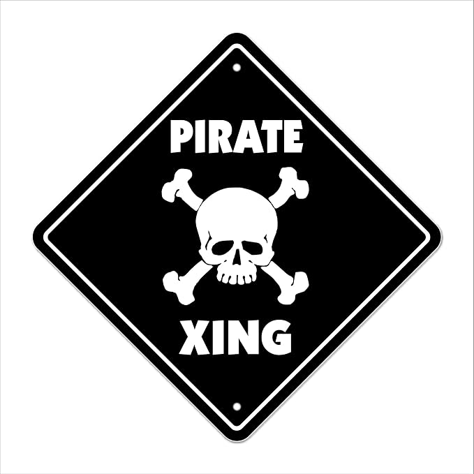 Pirate Crossing Sign Zone Xing | Indoor/Outdoor | 12" Tall Jolly Roger Skull Crossbones Capt Hook Ship Blackbeard