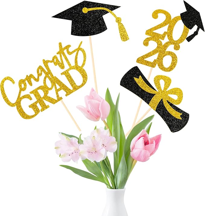 Graduation Decorations 2026, 16 PCS Gold and Black Double Sided Graduation Centerpieces Stick Glitter for Tables, Table Toppers Set for Class of 2026 Congrats Grad Party Supplies (Black)