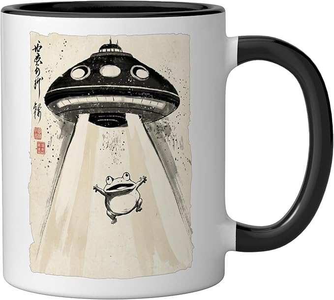 Ukiyo-e Style UFO Abducting Cute Frog Ink Art Painting Ceramic Mug, Black/White