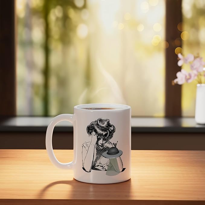 Girl with Alien Flying Saucer UFO Ceramic Mug, White