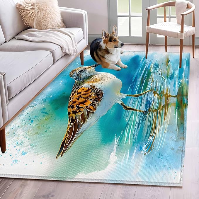 Area Rug 4x6ft, Natural Lake Bird Water Reflection Washable Rugs for Living Room Bedroom, Animal Splatter Art Soft Non-Slip Area Rugs Rectangle Floor Carpet for Dining Room