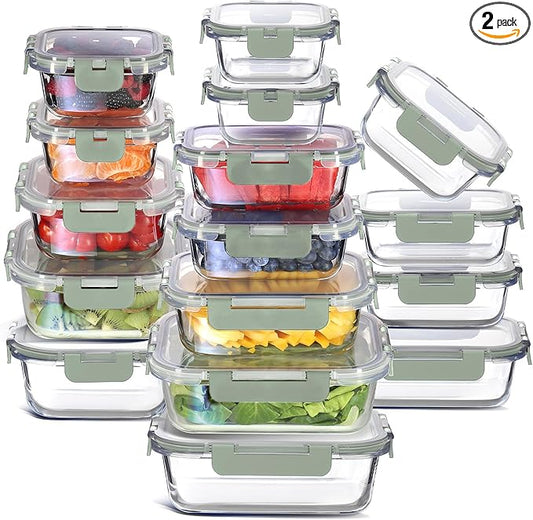 EATEX 32pc Glass Storage Containers with Lids, 16 Glass Food Storage Containers with 16 Airtight Lids for Pantry & Kitchen, Meal Prep Containers for Lunch, Oven Freezer Microwave & Dishwasher Safe